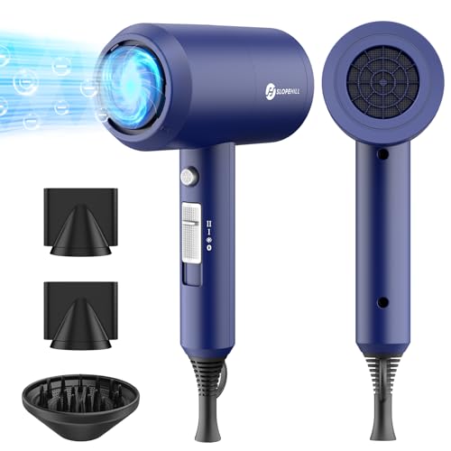 slopehill Professional Ionic Hair Dryer, Powerful 1800W Fast Drying Low Noise Blow Dryer with 2 Concentrator Nozzle 1 Diffuser Attachments for Home Salon Travel (Prussian Blue)