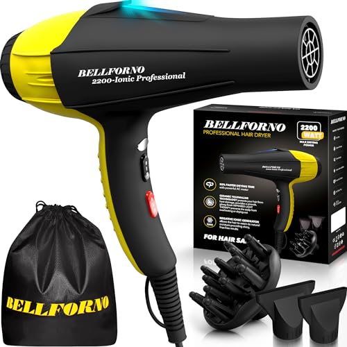 High-Power 2200W Ionic Hair Dryer - Fast-Drying, Constant Temperature Technology, AC Motor - Ideal for Curly Hair Care, Suitable for All Hair Types - HairDryer for Both Women and Men Black/Yellow