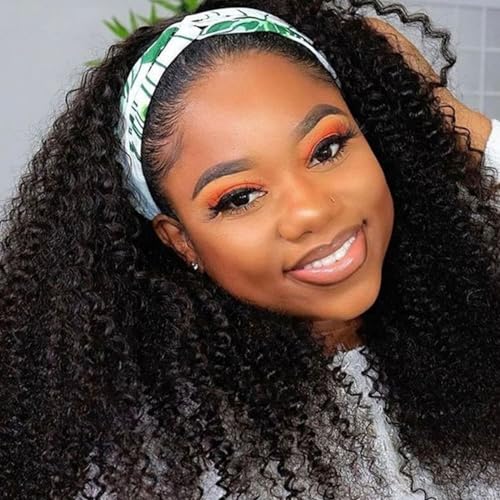 Kinky Curly Headband Wig Human Hair None Lace Front Wigs Glueless Human Hair Wigs 16 Inch Virgin Brazilian Kinky Curly Machine Made Wigs Human Hair Wigs for Black Women