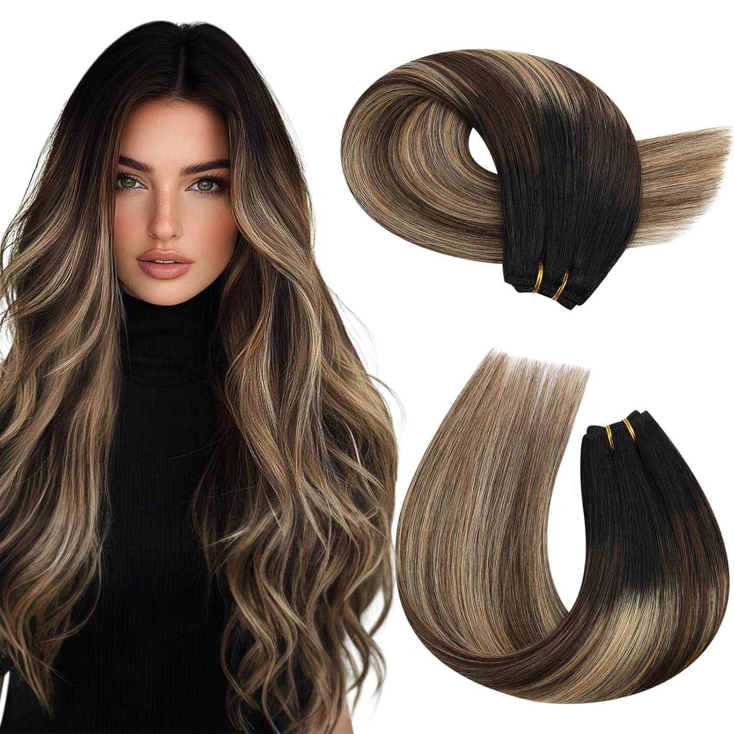 Moresoo Weft Hair Extensions Human Hair Balayage Black to Brown Sew in Hair Extensions Real Human Hair Ombre Natural Black to Brown with Honey Blonde 100g 16 inch