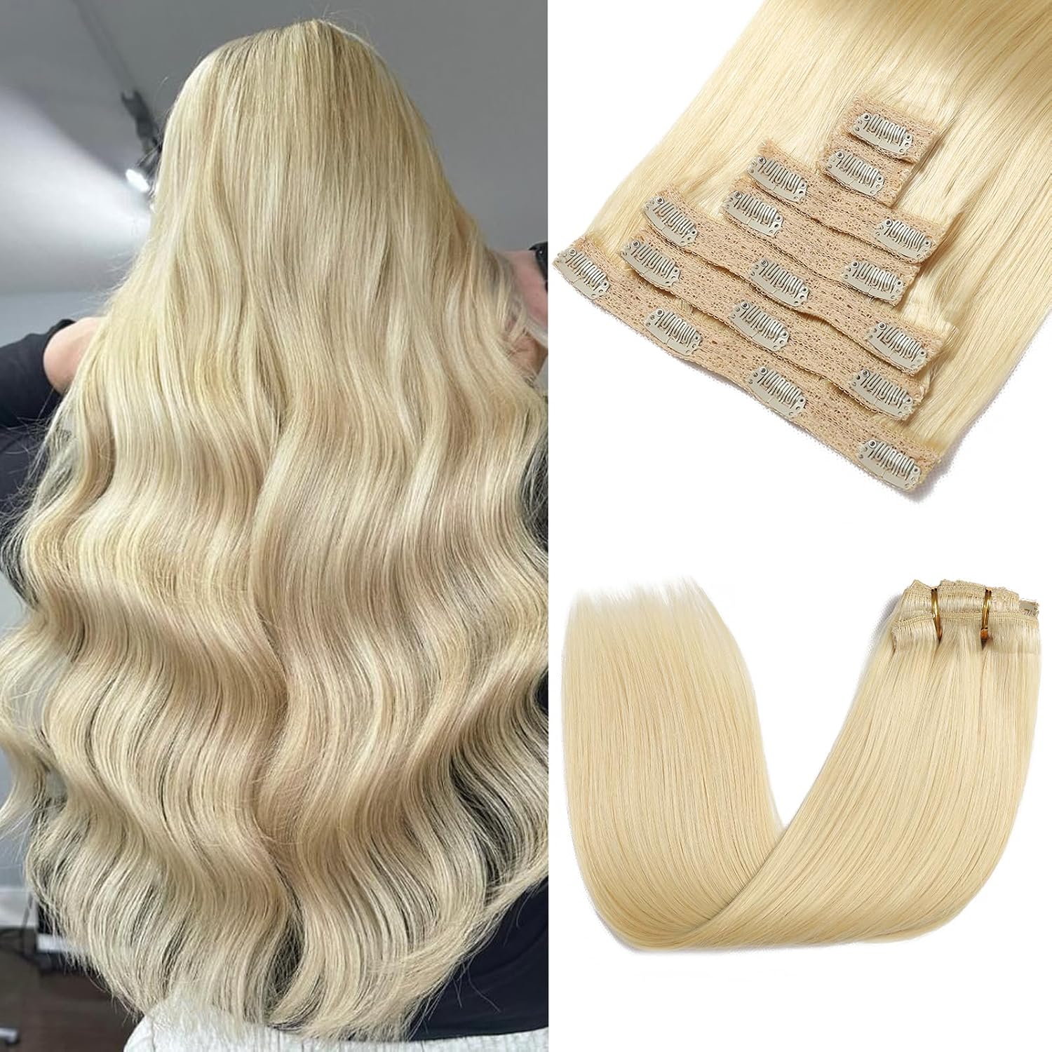 Clip in Hair Extensions Real Human Hair - 120g 14 Inch 7pcs, Bleach Blonde Color - Premium Soft Remy Hair Extensions Real Human Hair Clip ins Straight for Women (#613 14 Inch)
