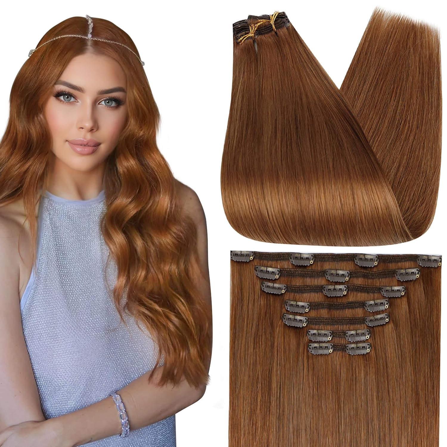 Full Shine Auburn Human Hair Clip in Extensions