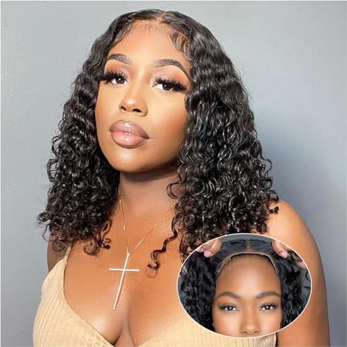 Curly Bob Wig Human Hair Deep Wave HD Lace Front Wigs For Black Women Human Hair Pre Plucked Wear And Go Glueless Short Wet And Wavy 1B# Color 14 Inch