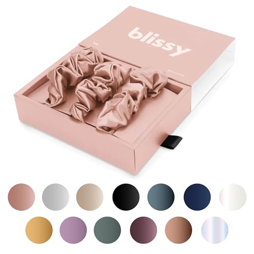 Blissy Silk Scrunchies (3 Pack) - 100% Pure Mulberry Silk - 22 Momme 6A High-Grade Fibers - Silk Scrunchie for Straight & Curly Hair - Preventing Breakage, Tangling, & Creasing (Pink Regular)