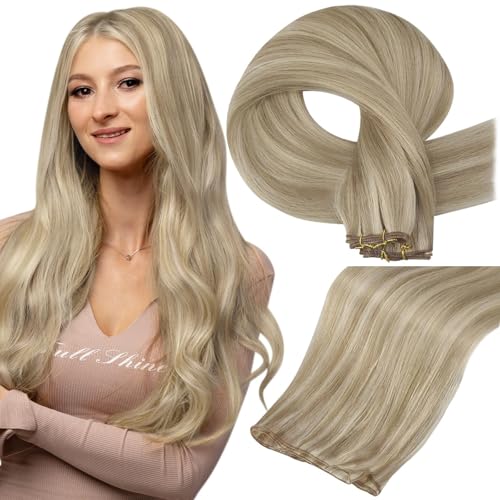 Full Shine Genius Weft Hair Extensions Human Hair Sew In Hair Extensions Hand Tied Hair Extensions Soft Hair Sew In Extensions For Women Color Golden Blonde Highlight Medium Blonde 20 Inch 60G