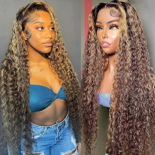 28 Inch Highlight Ombre Lace Front Wig Human Hair Deep Wave 13x6 HD Lace Frontal Wigs Human Hair P4/27 Colored Curly Wigs for Women Human Hair Glueless Pre Plucked Wig 180% Density