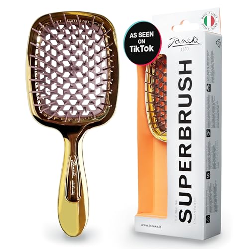 Janeke Superbrush Detangling Brush for Soft Smoothing Hair Brushing with Anti-Static Bristles - Vented Wet Hair Brush for Blow Drying Use - Perfect for Curly, Thick, Wavy, Fine Hair Types (Gold)