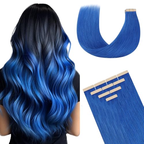 DOORES Human Hair Hair Extensions Tape ins, Blue Tape in Hair Extensions 20 Inch 30g 10pcs, Remy Human Hair Extensions Tape in Straight Hair Skin Weft