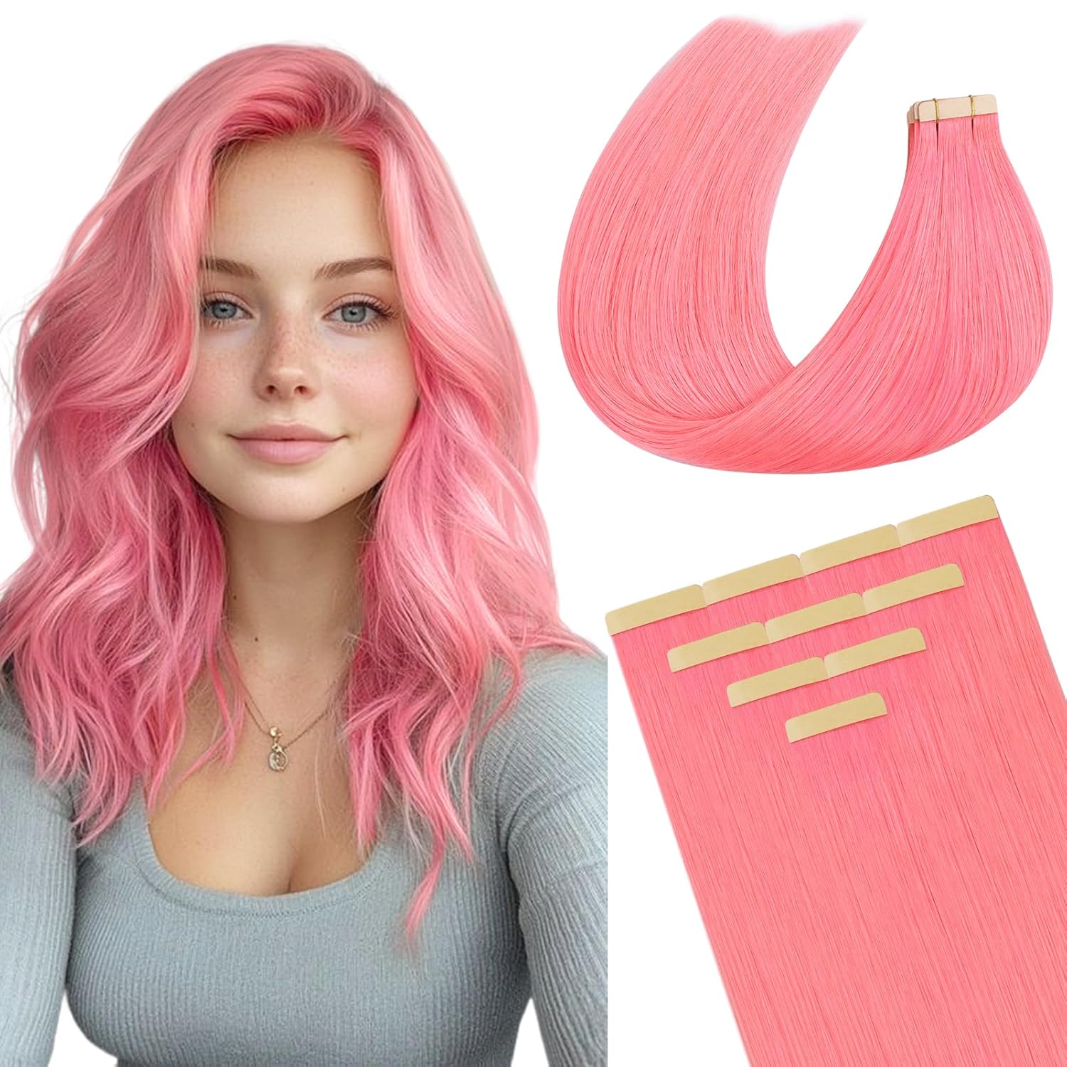 DOORES Human Hair Extensions, Peach Pink Tape ins 22 Inch 30g 10pcs