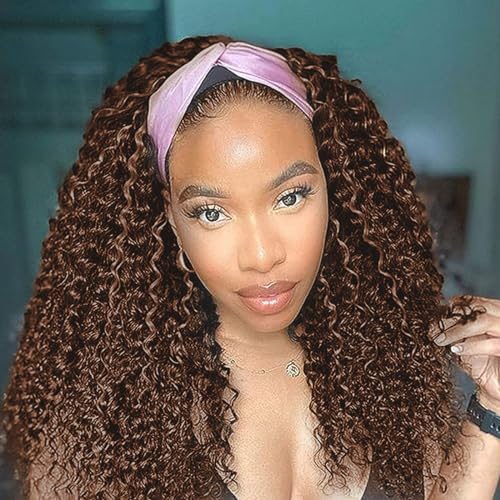Headband Wig Human Hair Deep Wave Chocolate Brown Headband Wigs for black women Glueless Wigs Human Hair Machine Made 150% Density headband wig human hair with Headbands (16Inch)