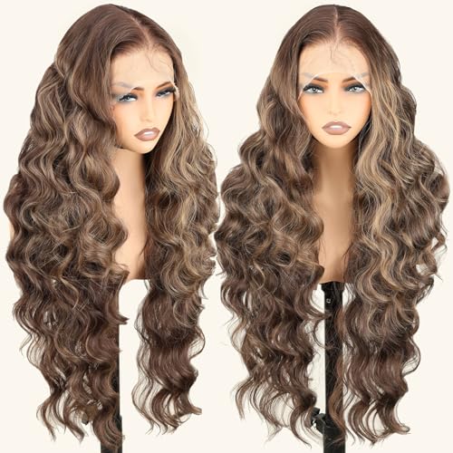 SOKU 13x6 Lace Frontal Wig Highlighted 32 Inch Body Wave Pre Plucked Babyhair Transparent HD Lace Heat Friendly Highlights Brown Bouncy Synthetic Hair