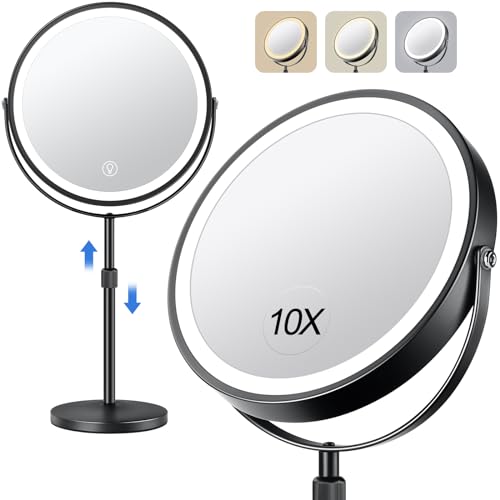 10x Large Lighted Makeup Mirror, Rechargeable 8" Height Adjustable Vanity Mirror, 1x/10x Magnifying Mirror with 3 Color, Brightness Adjustable, 360 Rotation Double Sided Mirror, Gift for Her(Black)