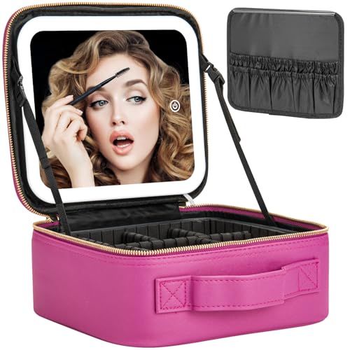 Makeup Travel Train Case with Mirror LED Light 3 Adjustable Brightness Large Cosmetic Bag Portable Storage Adjustable Partition Waterproof Makeup Brushes Make up Jewelry Gift for Women