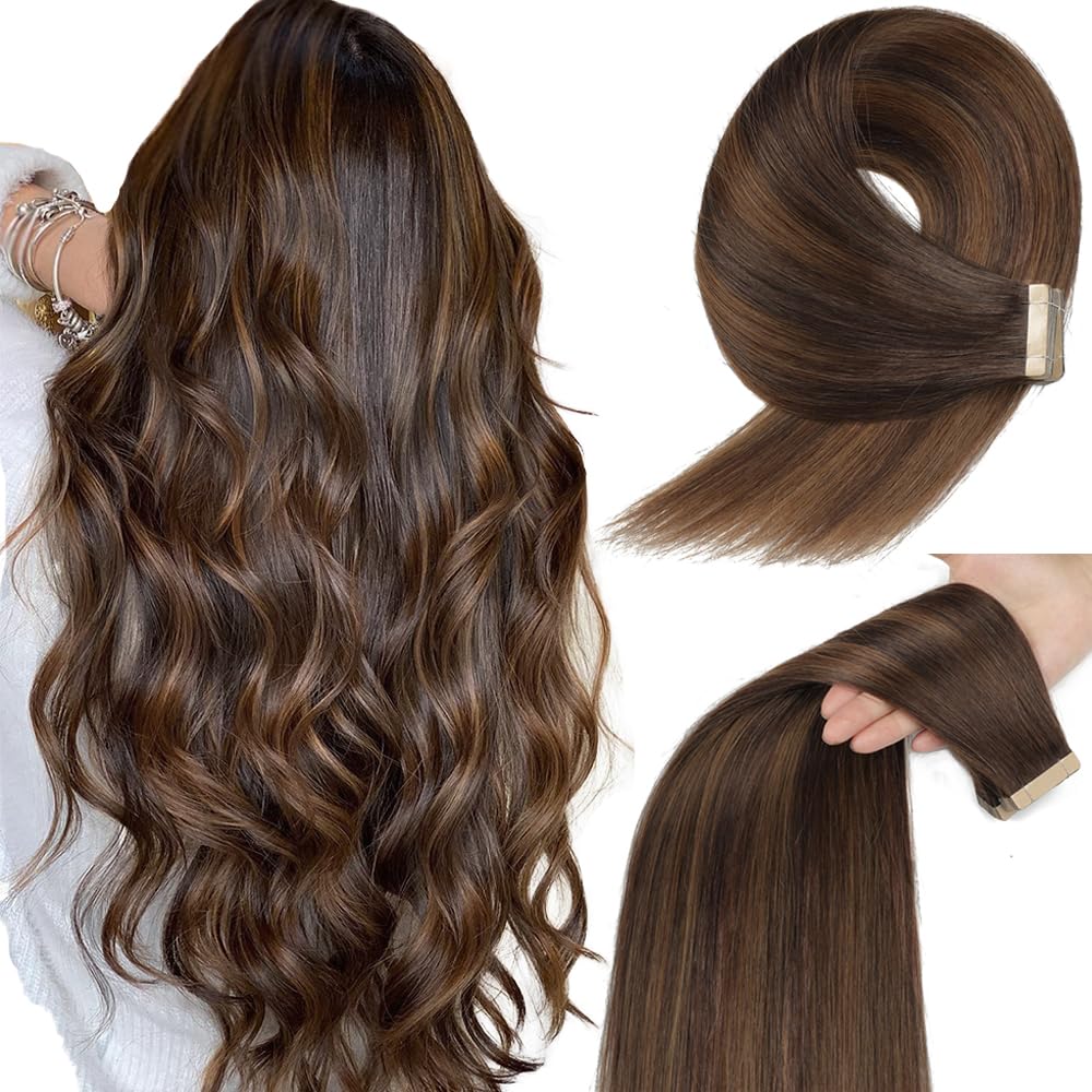 YDDM Tape in Hair Extensions Human Hair, Balayage Dark Brown to Chestnut Brown 20pcs 18 Inch 100% Remy Human Hair for Women Straight Seamless Invisible Tape in Hair Extensions(2/2/6#, 18 inch)