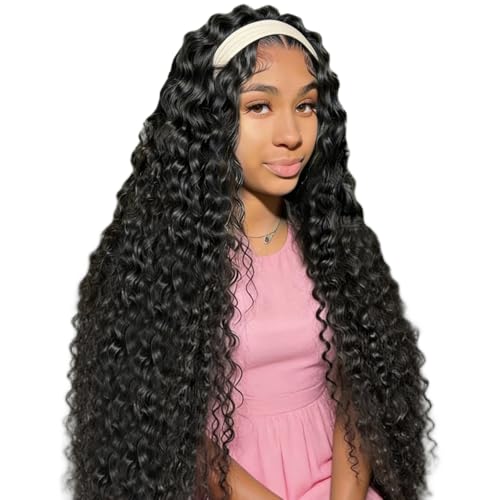 XSY Headband Wig Human Hair 30 Inch Deep Wave Wig Glueless None Lace Front Wigs for Black Women 150% Density Wig Curly Human Hair Natural Color Long Wig