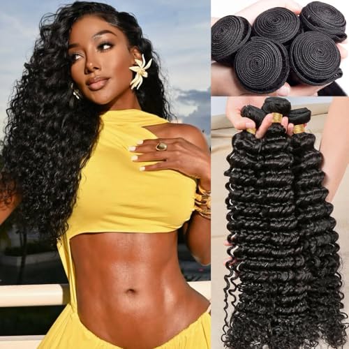 Human Hair Deep Wave Bundles (18 20 22 24) 12A 100% Unprocessed Brazilian Virgin Remy Hair Deep Curly Human Hair Weave 4 Bundles Extensions for Black Women Natural Color