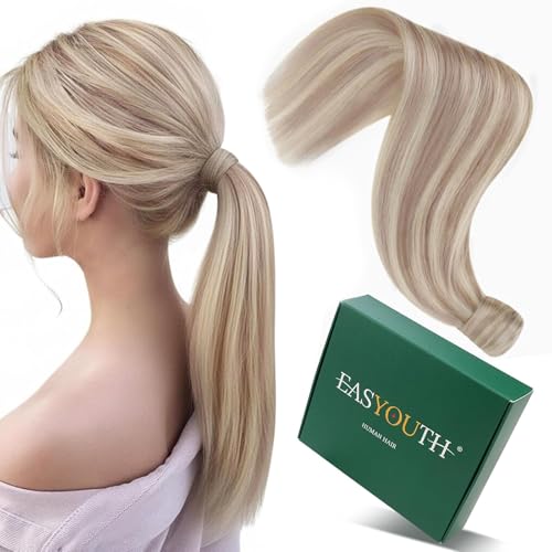 Easyouth Hair Extensions Ponytail Blonde Human Hair Wrap Around Ponytail Highlight Ash Blonde Mix Bleach Blonde Ponytail Hair Extensions Easy to Apply and Remove 14 Inch 70g