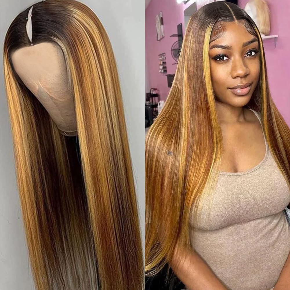 Highlight Ombre V Part Wigs Human Hair Straight Balayage Blonde V Part Human Hair Wigs 180% Density Glueless Full Head Clip In Half Wigs 24inch #T1BP4/27