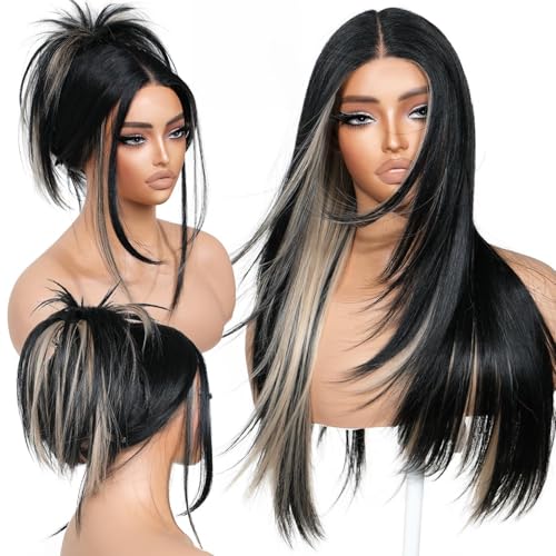 Black Blond Skunk Stripe Wear and Go Wig