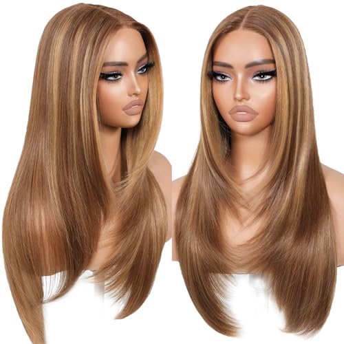Wear and Go Glueless Wigs Pre Plucked Pre Cut for Beginners Honey Blonde Synthetic Lace Front Wigs For Woman Long layered straight Wigs with bangs 427 middle part wig 26 Inch