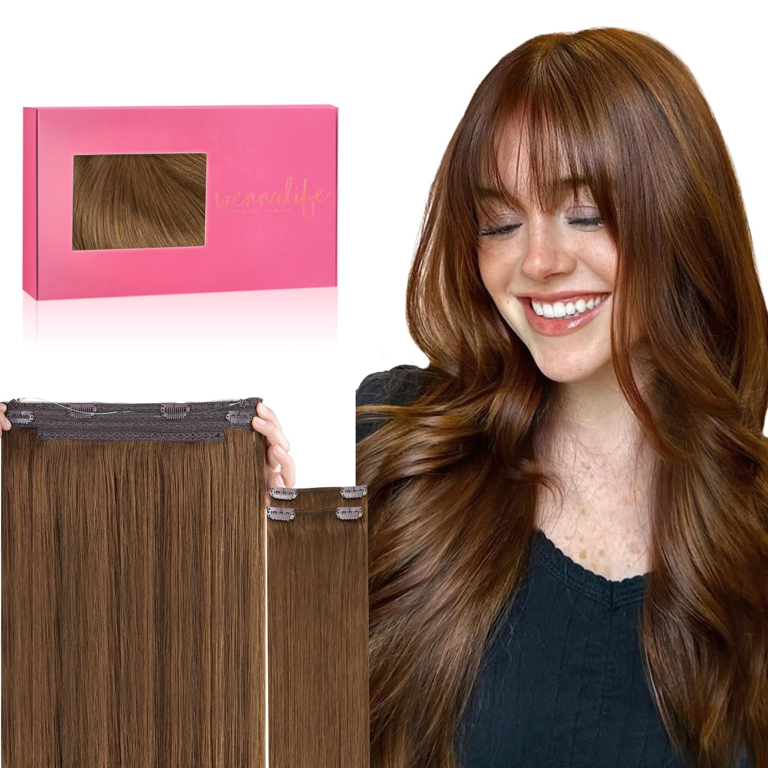 WENNALIFE Wire Hair Extensions (Increase 50% Lifespan) Real Human Hair 16 inch 125g Light Auburn Brown Remy Hair Invisible Transparent Wire Fish Line Straight Reusable Natural Natural Straight