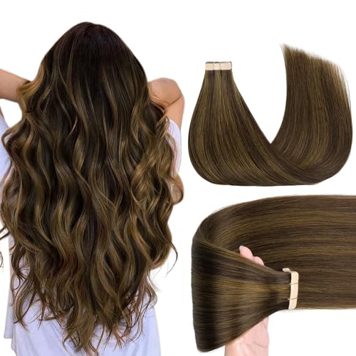 GOO GOO Tape in Hair Extensions Human Hair, 2C/4E/6C Brown Sugar Swirl Highlights, 20inch 50g 20pcs, Skin Weft Seamless Invisible, Silky Straight with Thick Ends, Remy Human Hair