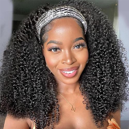 Aiterina Kinky Curly Headband Wig Human Hair Glueless Wigs Human Hair Curly for Black Women None Lace Front Brazilian Virgin Human Hair Wigs Curly Headband Wig 150% Density Natural Color 18 inch