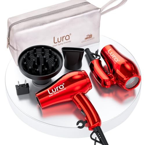 LURA Mini Portable Travel Hair Dryer:Dual Voltage Small Lightweight Blow Dryer with EU Plug,1200W Compact Hairdryer with Folding Handle,with Concentrator&Diffuser Attachment,for Women and Men(Red)