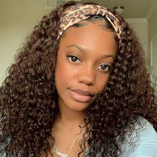 Aiterina Headband Wig Human Hair Headband Wig Deep Wave Human Hair Wigs for Black Women Glueless Human Hair Wigs Machine Made 150% Density No Lace Deep Headband Wig Chocolate Brown 22 inch