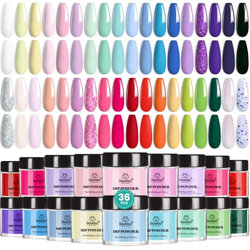 Beetles Dip Powder Nail Kit, 36 Colors Glitter Nude Pink Red Green Pastel Dipping Powder Starter Kit Quick Drying Nail Set for French Nails Art Manicure DIY Salon Gift for Women
