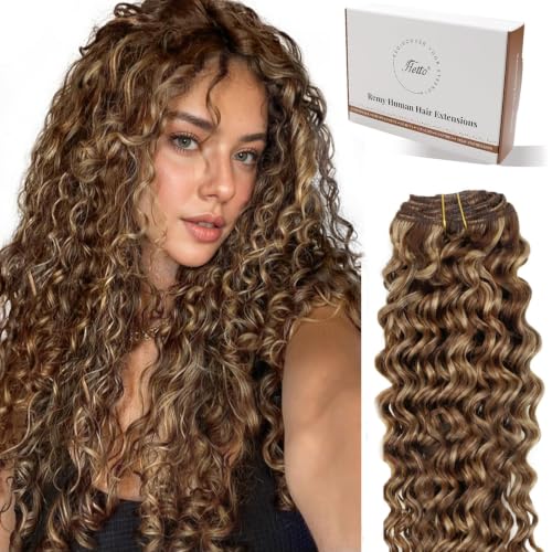Hetto Curly Hair Extensions Clip ins Highlight 18 Inch 120g 7pcs Clip in Hair Extensions Real Human Hair Clip in Brown Highlight Blonde Water Wavy Curly Extension #4/27