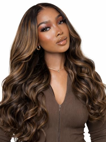 Beauty Forever 7x5 Bye Bye Knots 2.0 Balayage Brown Highlight 3D Body Wave Lace Front Wig Put on and Go Glueless Drawstring Wigs with Pre-Bleached Pre Plucked Pre Cut HD Lace Wig 150% Density 16 Inch