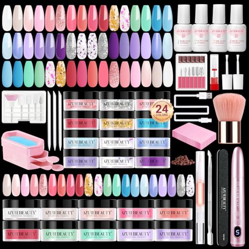 AZUREBEAUTY Dip Powder Nail Kit with Electric Nail Drill 24 Colors Spring Summer Macarons Purple Pink Nail Starter Kit with Dip Liquids Base Top Coat Activator Portable French Nail Art Essential Set