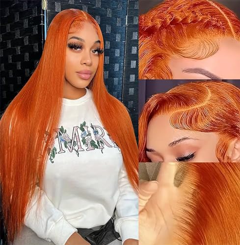 Ginger Lace Front Wigs Human Hair 22inch 180% Density 13x4 Full Frontal Hd Transparent Lace Straight Lace Front Wig Human Hair Ginger Orange Colored Wigs For Black Women Frontal Ginger Wig Human Hair