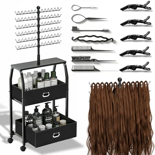 Portable Braiding Hair Rack With Wheels & Storage Drawers,168 Pegs Hair Extension Holder Hanger for Braiding Hair Separator Stand Display,Hair rack with stylist hair braiding tools(black)