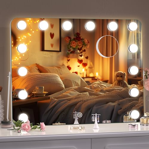 Hasipu Vanity Mirror with Lights, Hollywood 18" x 14" LED Makeup Mirror, 3 Modes Light, Smart Touch Control Dimmable, 360Rotation, Rounded Rectangle White Frame