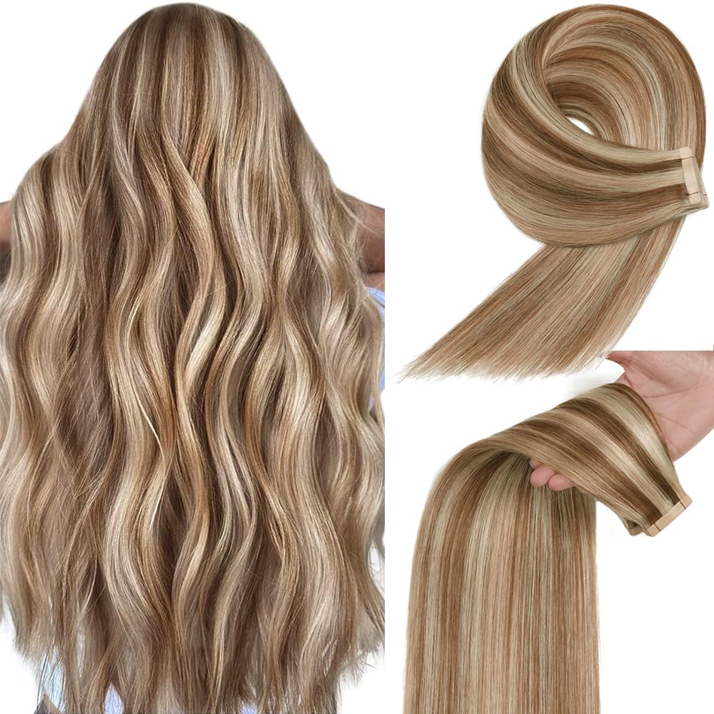 YDDM Chestnut Brown Highlighted Bleach Blonde Tape in Hair Extensions Human Hair 20pcs 20 Inch 100% Remy Human Hair Straight Invisible Tape in Hair Extensions(P6/613#, 20 Inch)
