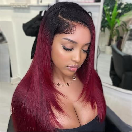 Bob Wig Human Hair 13x4 HD Lace Frontal Short Straight Lace Front Bob Wigs for Black Women Human Hair Pre Plucked Glueless Side Part 180% Density Ombre 99J Burgundy Color 1B/99J 16 Inch