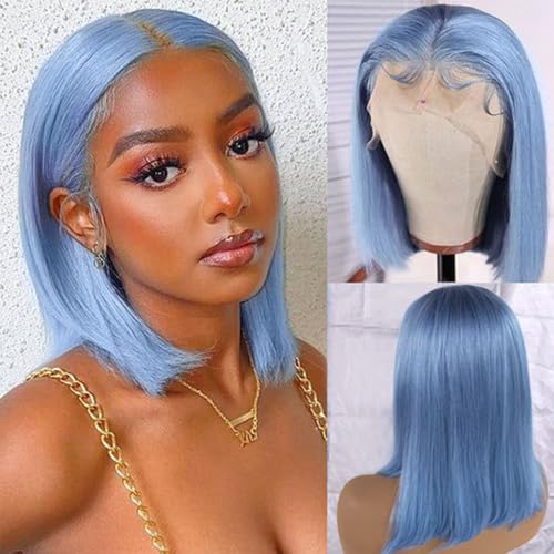 Smartinnov Hair Light Blue Bob Wigs Glueless 13x4 HD Lace Front Short Cut Brazilian Virgin Human Hair Bob Wigs Straight Pre plucked With Baby Hair 8 Inch 180% Density Bleached Knots for Women