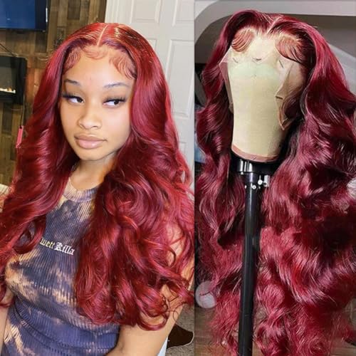 99j Burgundy Lace Front Wigs Human Hair Pre Plucked 13x4 HD Transparent Lace Frontal Burgundy Wig Human Hair with Baby Colored Wine Red Body Wave Human Hair Wigs for Women 180% Density 24 inch