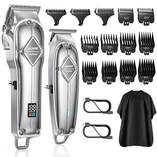 GLAKER Hair Clippers for Men Professional - Cordless Clippers and Trimmers Set, Complete Barber Kit for Hair Trimming & Beard Grooming, Mens Haircutting Kits for Blending & Fade Cuts (Silver)