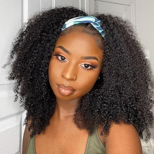 Kinky Curly Headband Wig Human Hair 16 Inch Headband Wigs for Women Human Hair Glueless None Lace Front Curly Wave Wigs Brazilian Virgin Hair Wear and Go Glueless Wig 150% Density Natural Black Color