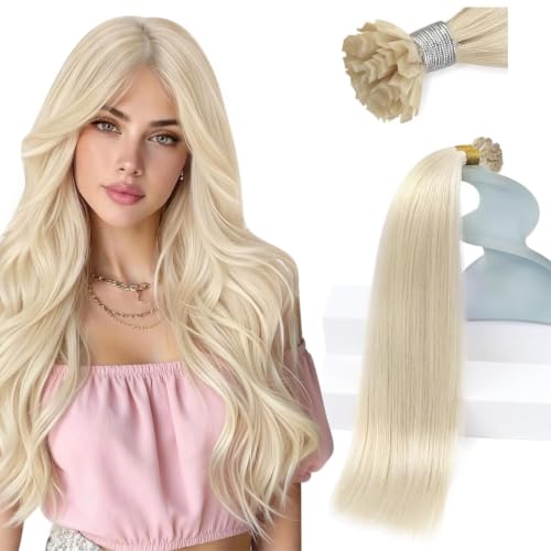 Sunny Hair Ktip Hair Extensions Soft Keratin Tip Hair Extensions Platinum Blonde Pre Bonded Hair Extensions Invisible Fusion Hair Extensions Blonde Tip Hair Extensions for Daily Use 16inch 50g