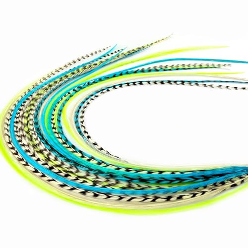 21 Neon Green & Turquoise Color Hair Extensions  914 Long  DIY Rooster Kit with 20 Micro-Link Beads  100% Real Feathers  Eye-Catching Boho Style