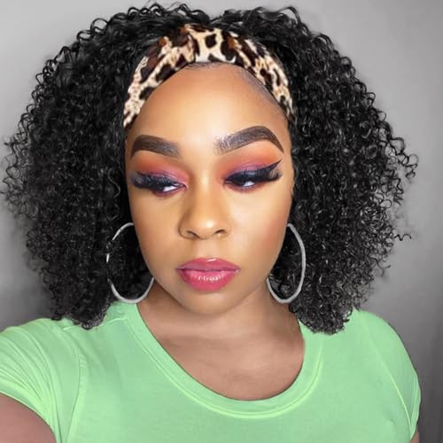 Headband Wig Human Hair 180% Density Kinkycurly Headband Wigs Glueless Curly Human Hair Wig for Women Natural Color 14 Inch