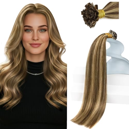 Sunny Hair Ktips Hair Extensions Human Hair Natural Blends K Tip Hair Extensions Real Human Hair Medium Brown Highlight Caramel Blonde Remy Hair Show Charm 50g