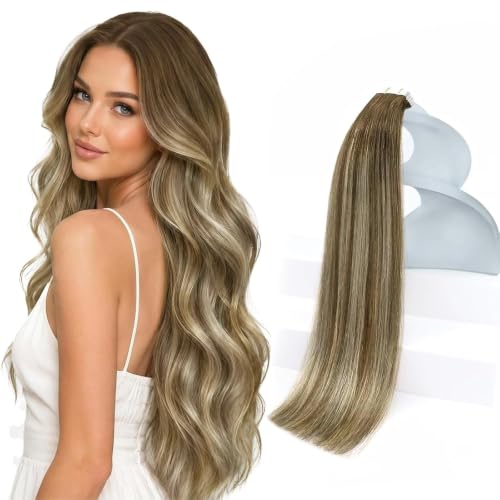 Sunny Hair Tape in Hair Extensions Real Human Hair Invisible Remy Hair Extensions Tape ins for Women Cool Brown to Light Brown Highlight Medium Blonde Balayage 24 inch 20Pcs 50G