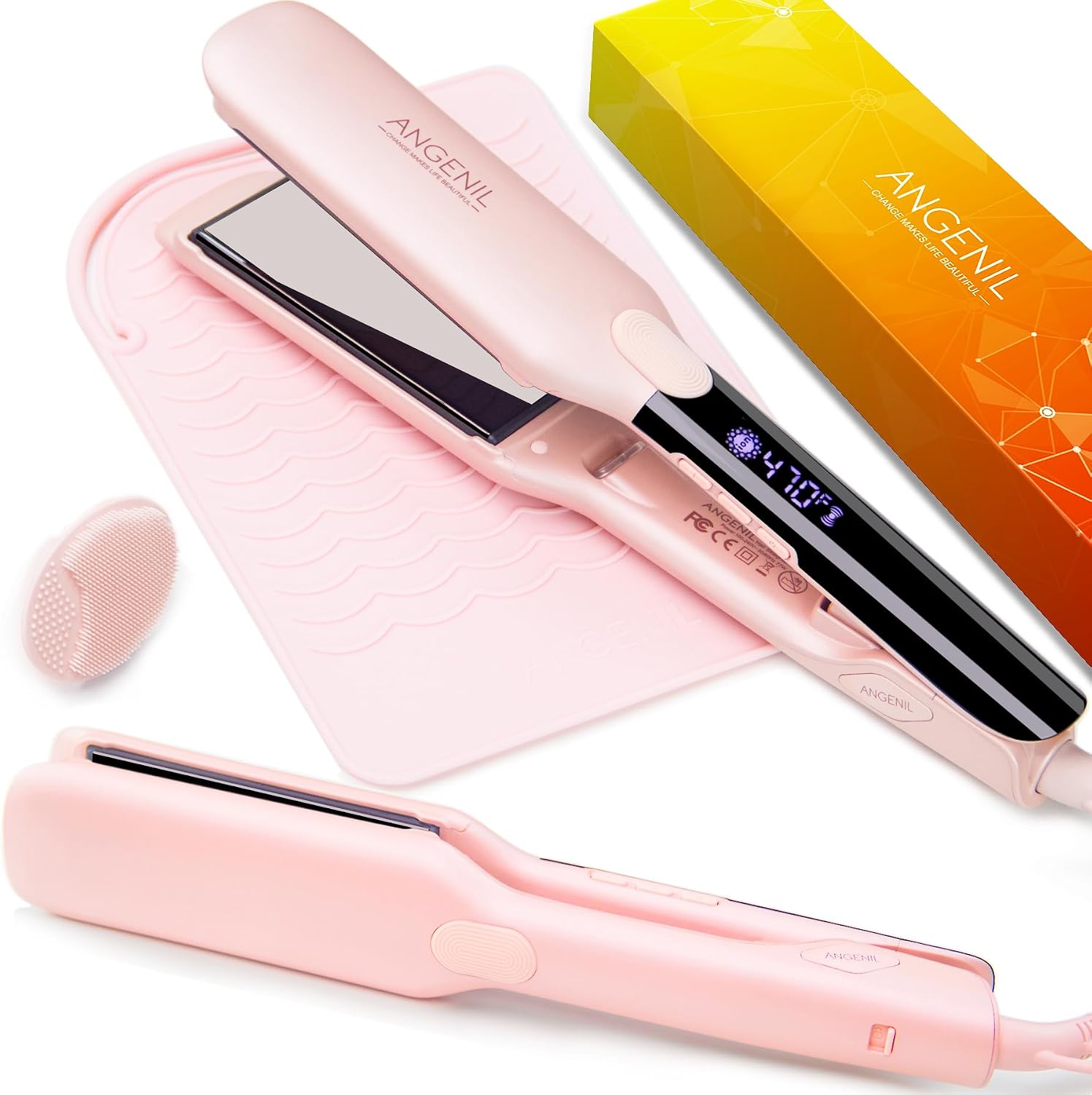 ANGENIL Pro Titanium Flat Iron Hair Straightener 1.75" Wide, Salon Grade Dual Voltage Straightening and Curler 2-in-1 with Heat Resistant Silicone Mat, Adjustable Temp 240F-470F, 15s Fast Heating