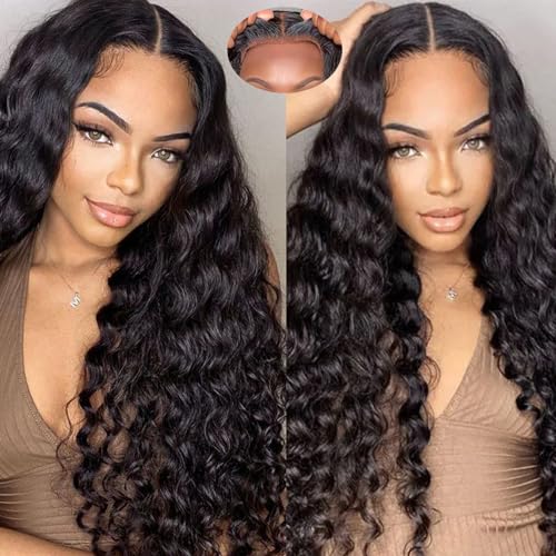 Glueless Wigs Human Hair Pre Plucked Pre Cut 5x5 Hd Lace Closure Wear and Go Deep Wave Curly Lace Front Wigs for Black Women Wet and Wavy Natural Hairline (24 Inch)