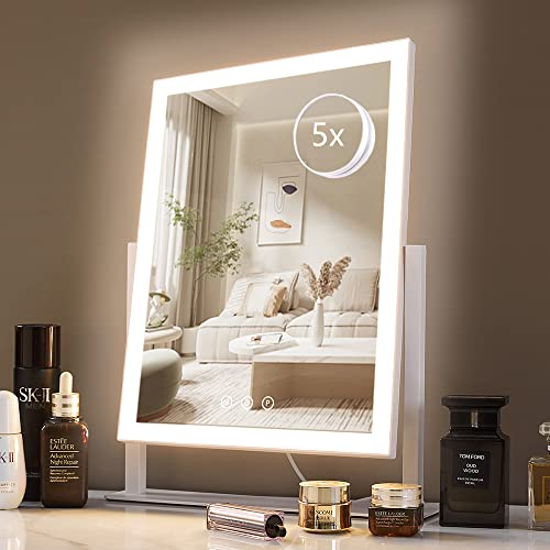 HIEEY Hollywood Vanity Mirror with 12 Dimmable Bulbs Lights, Three Color Lighting Modes, and 5X Magnification, Smart Touch Control, 360Rotation (White,Gift Box)